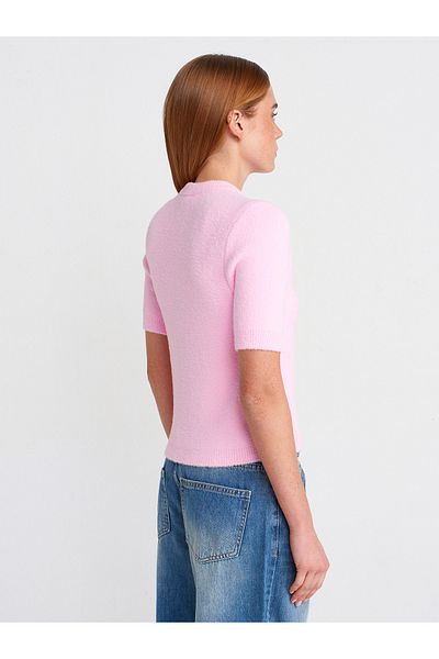 Dilvin 60284 Crew Neck Soft Textured Buttoned Knitwear Cardigan-Pink