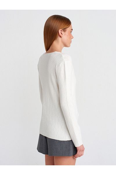Dilvin 10708 Model Soft Textured V-Neck Sequin Thin Knitwear Sweater - Ecru
