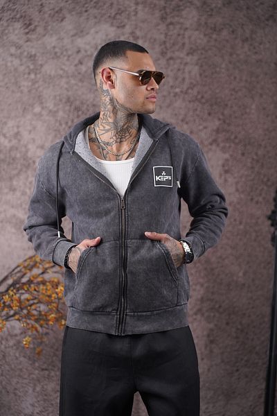 Butik Trend We Are Three Thread Raster Washed Fabric Hooded Zippered Kangaroo Pocket Oversize Sweatshirt