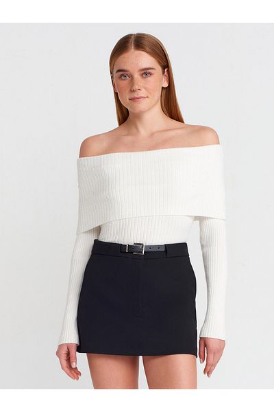 Dilvin 10705 Bardot Collar Sequin Ribbed Knitwear Sweater-Ecru