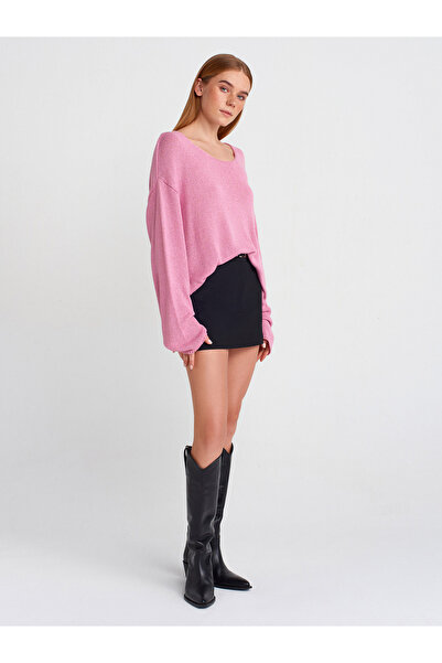 Dilvin 10706 Oval Collar Soft Textured Knitwear Sweater-Pink