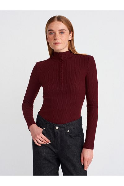 Dilvin 31435 Turtleneck Buttoned Ball-Burgundy