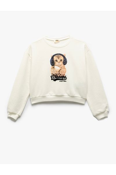 Koton Cat Printed Long Sleeve Crop Sweatshirt