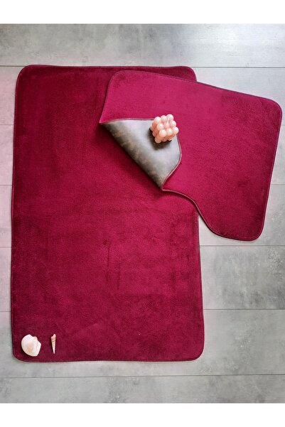 AVANTAJ Ultrasoft Düz 2'li Mürdüm Banyo Paspası Seti Halısı Kaymaz Taban Maki...