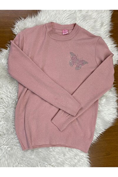 skycott parlak taş kelebek detaylı kız çocuk kazak pembe