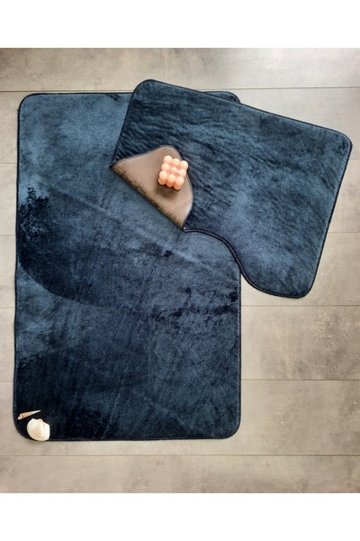 Dokumacıoğlu Navy Blue 2-Piece Ultrasoft Bath Mat Set - Non-Slip Base and Washable Toilet Bowl