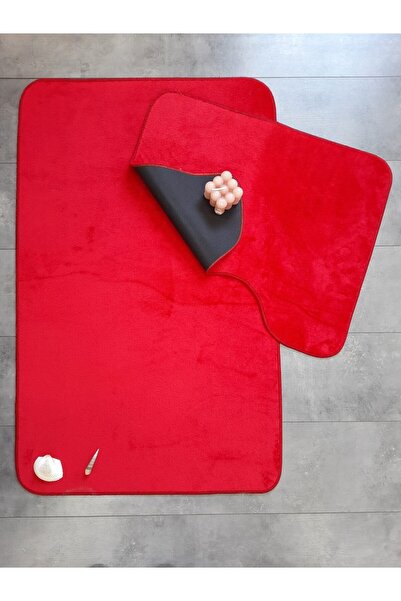 AVANTAJ Ultrasoft Düz 2'li Kırmızı Banyo Paspası Seti Halısı Kaymaz Taban Mak...