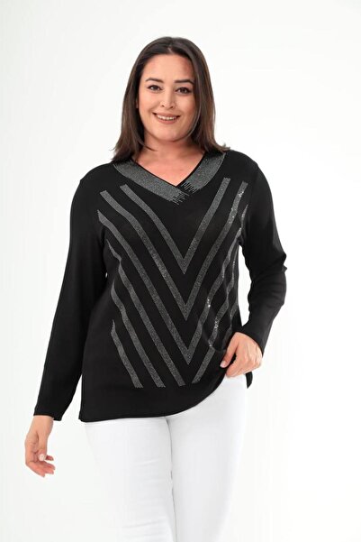 kısmet sepeti Women's Silver Stone V-Neck Straight Sleeve Black Blouse