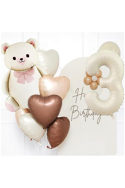 Partile Retro Cream Birthday Set - Number Foil, Banner, Heart Foil and Bear Foil Balloon Celebration