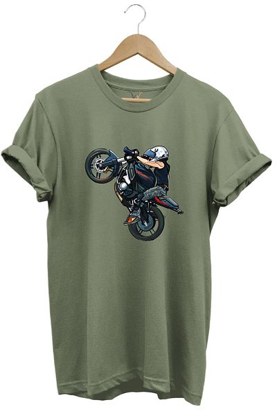 WİDİ Μοτοσικλέτα Racing Front Lifter Biker με στάμπα 100% βαμβακερό μπλουζάκι με κανονική εφαρμογή Crew Neck Khaki