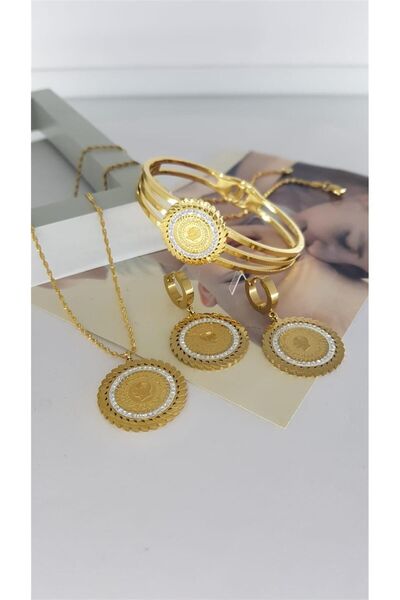 SONES 60 Cm Singapur Zincirli ( Ort Kısmı Sabittir) Düğün Çelik Takı Seti | Sns50182