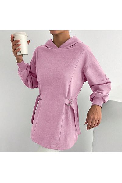 only moon Women's Clothing Hooded Side Belt Detailed Comfortable Fit Sweatshirt, Suitable for Hijab