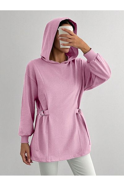 only moon Women's Clothing Hooded Side Belt Detailed Comfortable Fit Sweatshirt, Suitable for Hijab