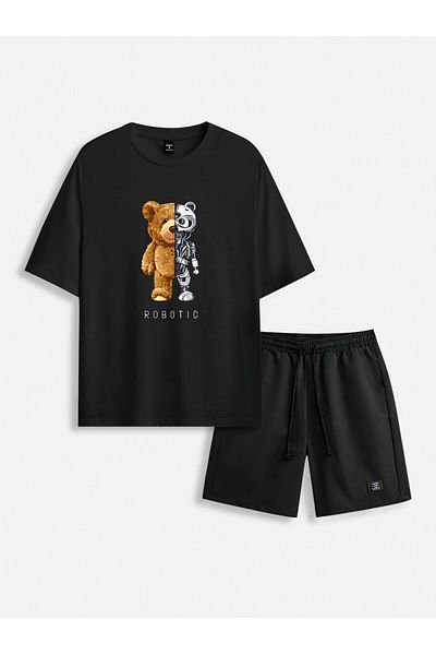aynewmoda Tricou grafic pentru bebeluși și copii cu urs robot și pantaloni scurți cu șireturi în talie - Ieșire