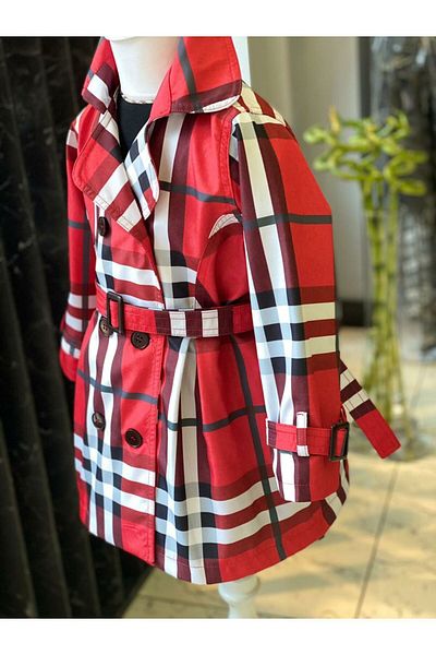 HC Kids Wear Red Checkered Girl's Trench Jacket
