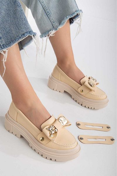 Cansu Ayakkabı Boty Cansu Loafer Béžová Estetická zlatá Teddy Bear Spona Detailní pohodlná obuv