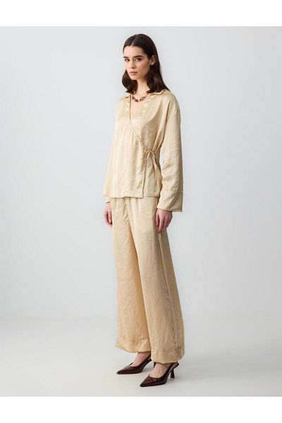 Jimmy Key Mink Relaxed Fit High Waist Wide Leg Satin Woven Pants