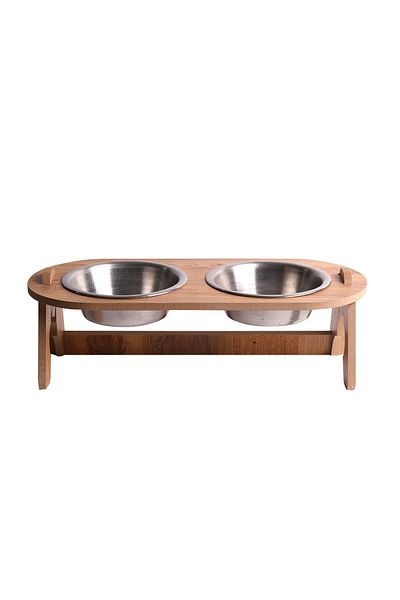RealWood Cat & Dog Water and Food Container Stand - Wooden Mdf - Slanted Double Oval Model-Steel Bowl-2*350Ml