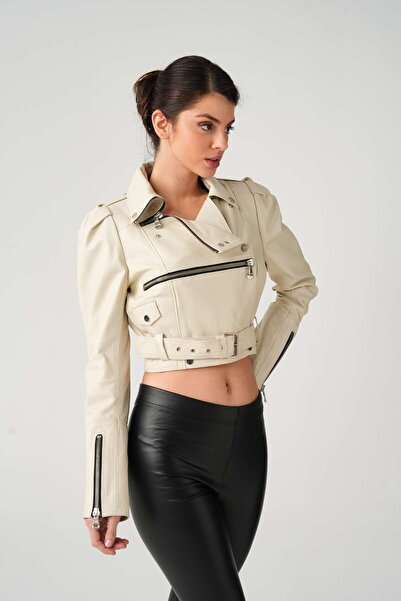 AS KÜRK DERİ Kadın Krem Hakiki Deri Crop Ceket