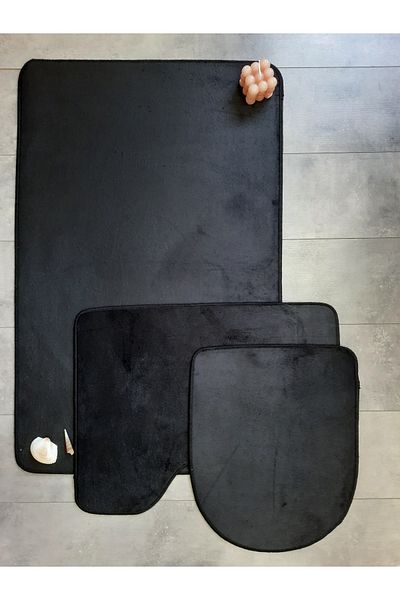 Dokumacıoğlu Σετ χαλιών μπάνιου Ultrasoft Plain Black 3 τεμαχίων με αντιολισθητική βάση. Σετ καθίσματος τουαλέτας που πλένεται