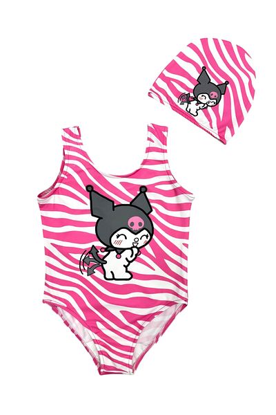 Lolliboomkids New Season Girls' Swimsuit - Cat Pattern, Pink and White Color