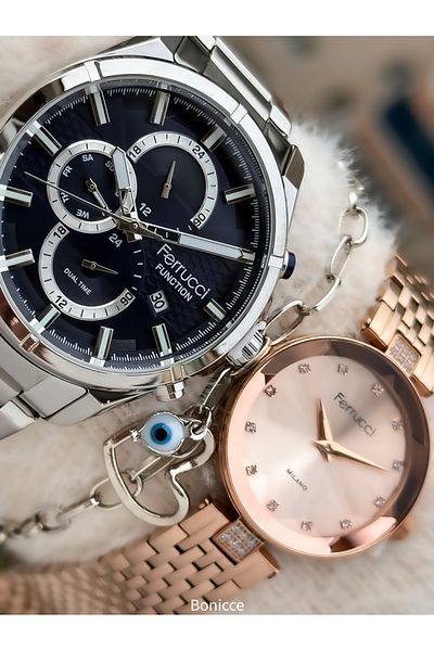 Ferrucci Unisex Functions Active Silver Rose Color, Lover Watch + Heart Bracelet Rosary