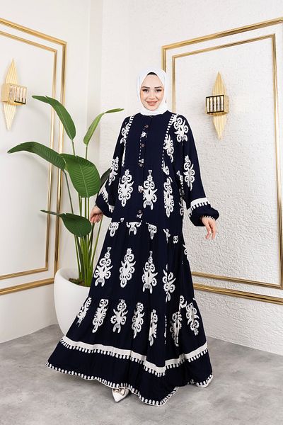 Sfg Life Moda Women's Hijab Clothing Front Button up Prevailing Collar and Oversized Oversized Balloon Sleeve Woven Viscose Dress