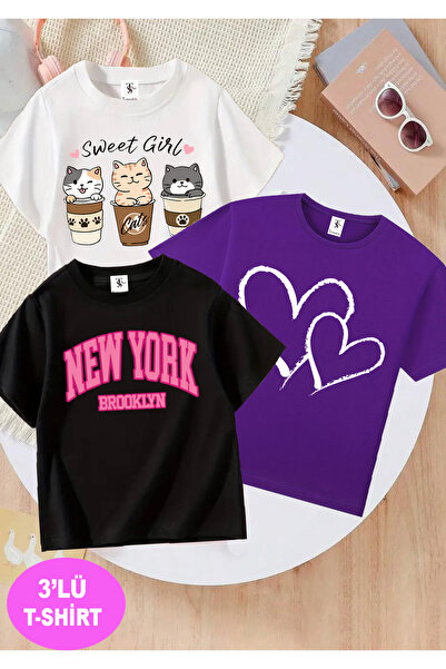 twins tailors Sweet Girl 3 Pack - Μπλουζάκια για κορίτσια με στάμπα γάτας σε ...