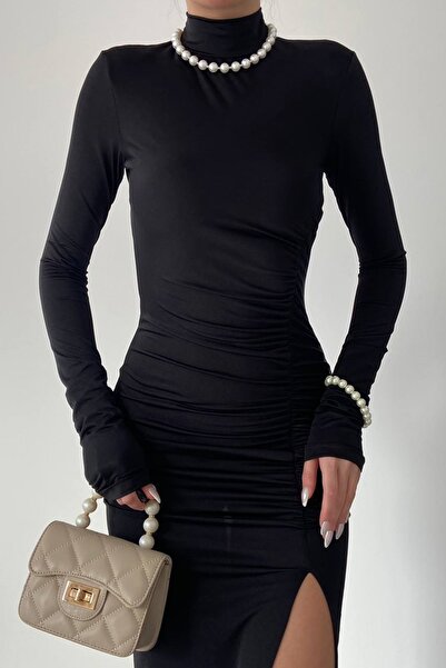 bayansepeti Siyah Esnek Sandy Kumaş Büzgü ve Yırtmaç Detaylı Midi Abiye Elbise 343