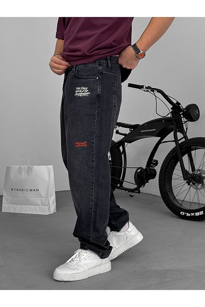 BYBASICMAN Black Embroidery Detailed Baggy Jean C-6379