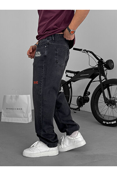BYBASICMAN Black Embroidery Detailed Baggy Jean C-6379