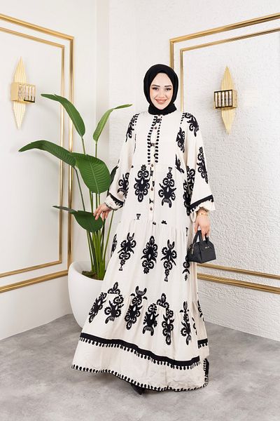 Sfg Life Moda Women's Hijab Clothing Front Button up Prevailing Collar and Oversized Oversized Balloon Sleeve Woven Viscose Dress