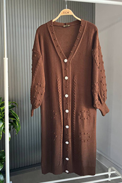 Bold Grup Women's Green Standard Size Embroidered Pearl Stone Buttoned Knitwear Long Cardigan