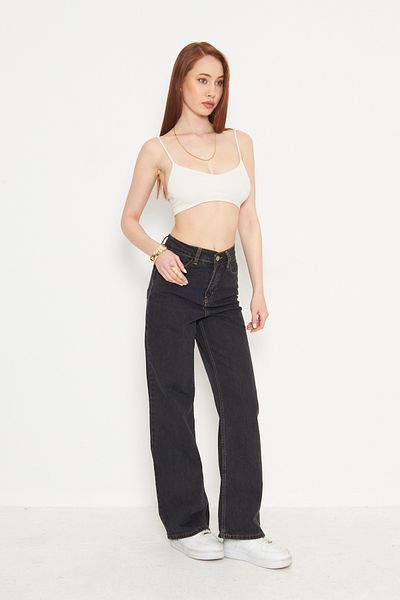 Kutaf Anthracite Contrast Stitching High Waist Loose Palazzo Jeans