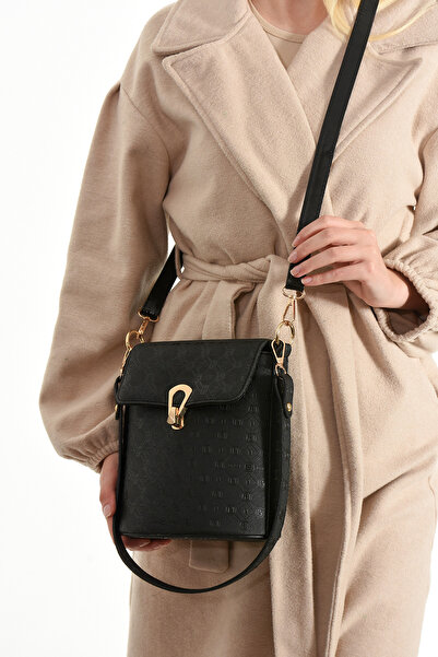 minebag Black Faux Leather - Pretty Patterned Women's Crossbody Bag