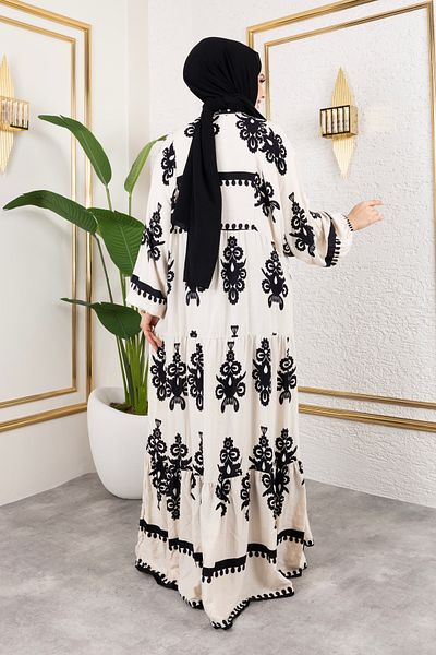 Sfg Life Moda Women's Hijab Clothing Front Button up Prevailing Collar and Oversized Oversized Balloon Sleeve Woven Viscose Dress