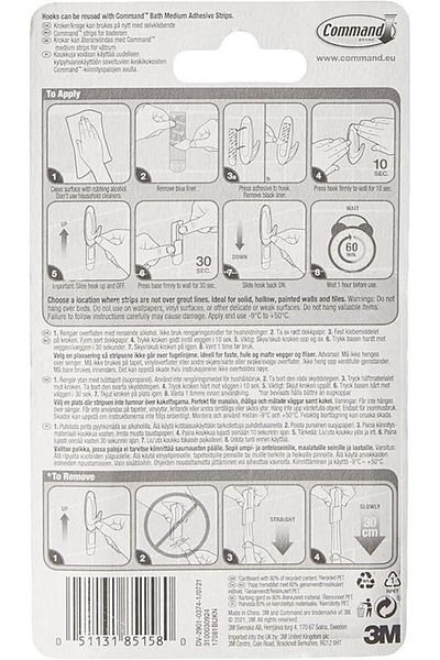 COMMAND 3M COMMAND™ DESIGNER HOOK WITH BATH STRIPS MEDIUM 17081B 2HKS+4S/PK