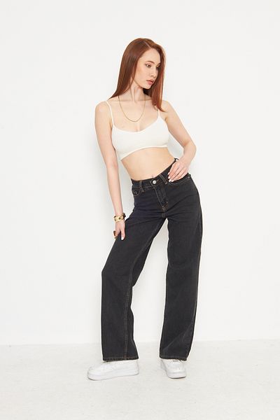 Kutaf Anthracite Contrast Stitching High Waist Loose Palazzo Jeans