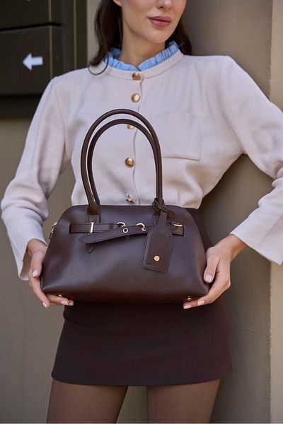 Madamra Braune Retro-Hand- und Umhängetasche für Damen mit goldenen Accessoires