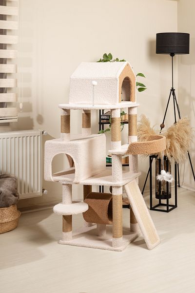 RAIKOU Beige-Brown Caramel Cat Tree - 3 Layers, Scratching Post, Bed & Toy, Easy Installation