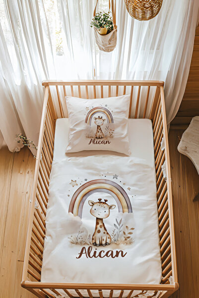 100% Cotton Satin Custom Name Park Bed Duvet Cover Set (70X120 CM) Cute Giraffe