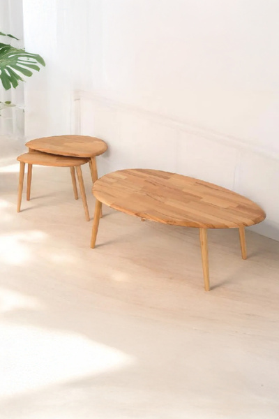 BAUPOR Asimetrik Masif Doğal Ahşap Orta Sehpa ve 2'li/3'lü Zigon Sehpa Set, M...