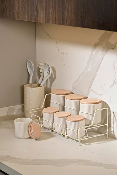 Edora Home Beige Porcelain Seasoning Set with 7 Compartments - Bamboo Lid, Metal Stainless Kitchen Organizer