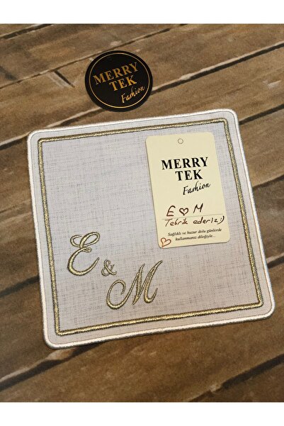 MERRY TEK Söz Nişan Tepsisi Kahve Sunum Peçetesi Harf Isimli Gümüş Ve Gold Nakış Işlemeli