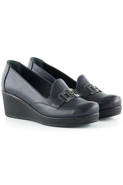 Erkan Saçmacı Dafne Navy Blue Γνήσιο Δερμάτινο Πόρπη με στρογγυλά δάχτυλα με τακούνι casual παπούτσια