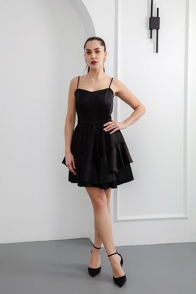Lafaba Women's Black Thin Straps with Belt Short Satin Homecoming Evening Dress