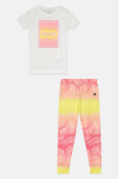 Hurley طقم تي شيرت بطبعة جرافيكية مكون من قطعتين للبنات الصغار، باللون الأبيض