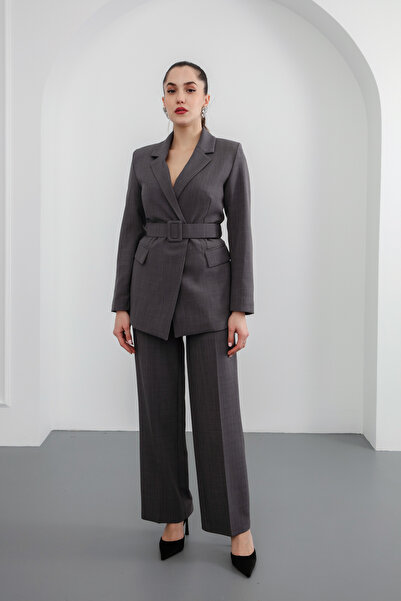 Lafaba Női szürke öves kabát nadrág szett