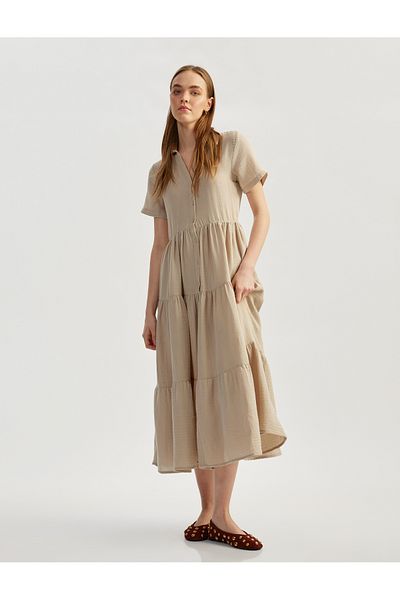 Koton Layered Flounce Short Sleeve Button Long Shirt Dress