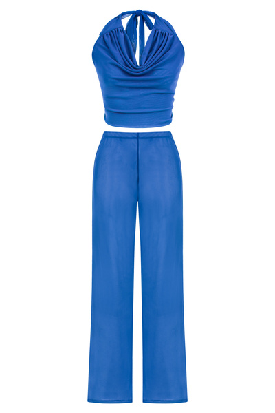 AQUELLA Tül Saks Mavi Crop Top-Pantolon Takım